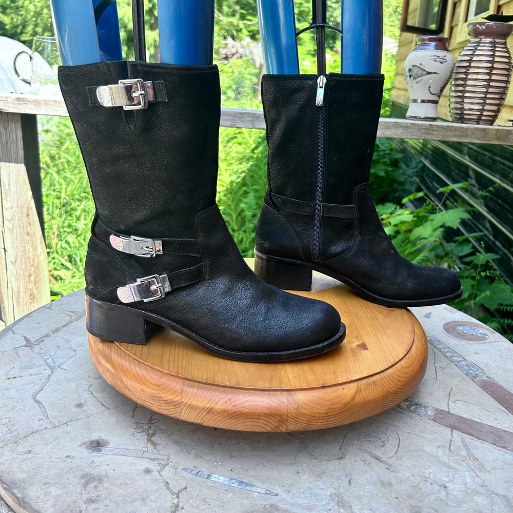 Vince Camuto Wilcoh Moto Boots Women Size 10 Black Leather Silver Buckle Straps